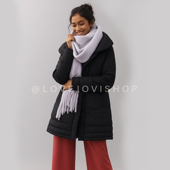 Minimalist | Tahari Down Mid-Length Black Puffer | Dramatic Collar Layering Sz M - Picture 1 of 12